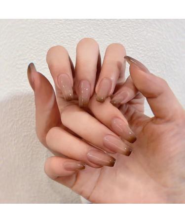 24Pcs/Set Press On Nails Medium Length Brown Gradient Minimalist Design False Nails Acrylic Fake Nails Full Cover Nails Tips Artificial Finger Manicure Press on nails for Women and Girls
