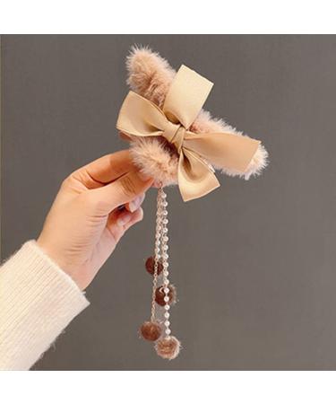 Furry Hair Claw Big Bow Hair Clips with Pearl Tassel for Women and Girls - Pink - Buy Online on GoSupps.com