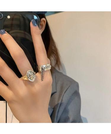 S925 Gothic Signet Knuckle Ring 2Pcs Chain Tassel Index Finger Ring Band Half Open Carved Medallion Coin Midi Ring for Women and Girls
