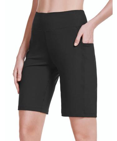 BALEAF Women's 10" Bermuda Shorts Long Athletic Workout Knee Length High Waisted Yoga Running Shorts with 3 Pockets Large Black