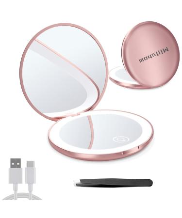 Milishow Compact Mirror with LED Light,1x/10x Magnifying Rechargeable Mirror,3.5in Pocket Mirror, Dimmable Travel Mirror for Purse,Pocket,Handheld 2-Sided Makeup Mirror (Rose Gold 1PCS)