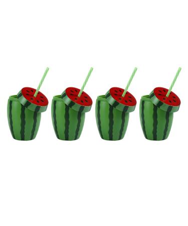 NUOBESTY 4pcs Fruit Shaped Cup Plastic Drinking Cup Watermelon Sippy Cup with Straw Lids for Summer Hawaiian Tropical Luau Party Supplies