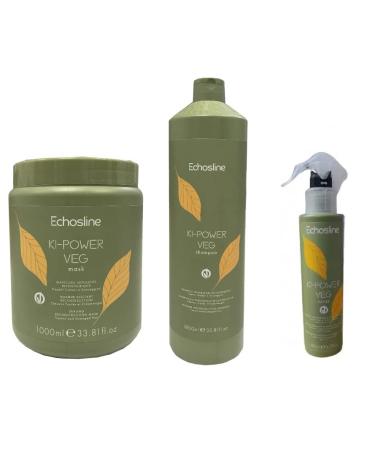 Echos Echos KI POWER VEG Hair Care Kit - Shampoo and Conditioner - Kiwi - Silicone-Free - Repair for Damaged Hair - 1000 ml shampoo + 200 ml conditioner + 1000 ml restorative cream