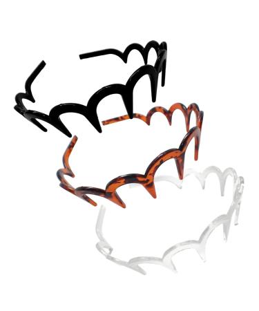 Topkids Accessories Zig Zag Shark Tooth Head Band Teeth Hair Band Alice Band Comb Headband Zigzag Hairband Wavy Grip Wave Gripper Saw Toothed Aliceband (3pc Black + Tort + Clear 3.5cm Teeth)