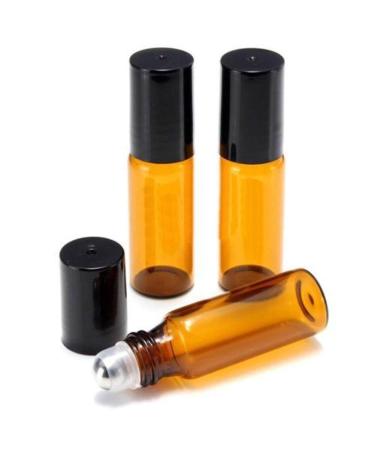 CMJ 2 x 5ml Amber Roll on Glass Bottles Oil Metal Roller Ball Empty BLACK Lid UK Seller