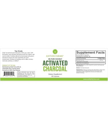 Antler Farms 100% Pure Organic Coconut Activated Charcoal 180 Capsules 260mg - USP Food Grade Ultra Fine - Buy Online on GoSupps.com