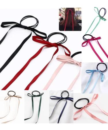 10PCS Bow Hair Tie Long Hair Bands Colourful Silk Ribbon Hair Scarf  Rubber Bands Ponytail Holder Satin Hair Scrunchies for Women Girls 10pcs-silk ribbon