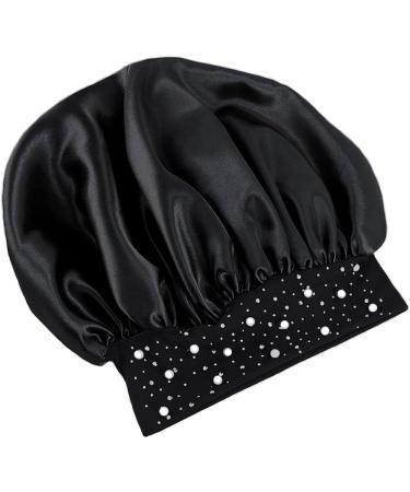YeeMan Glittering Pearls & Rhinestones Satin Hair Bonnet - Black Wide Band Sleeping Cap - Buy Online on GoSupps.com