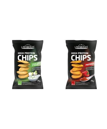 Layenberger High Protein Chips Sour Cream & Onion (1 x 75 g) & high protein chips paprika a whopping 43.1 % protein and only 21.2 % carbohydrates with just 2.3 g sugar not fried (1 x 75 g)Sour Cream & Onion 75 g (2 Pack)