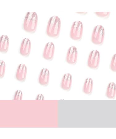 24 Pcs Short Pink Press On Nails with Silver Glitter - Full Cover Oval Artificial Acrylic Nail Art for Women & Girls - Buy Online on GoSupps.com