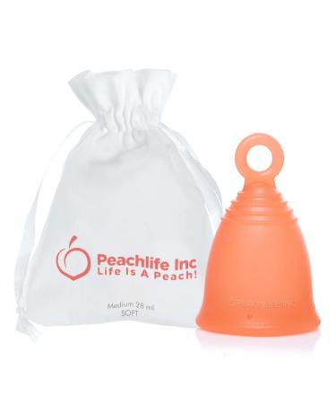 Silicone Ring Menstrual Cup with Loop Pull Stem for Easy Removal - Reusable 12 Hour Tampon Alternative - Medium Size Soft Peachcup