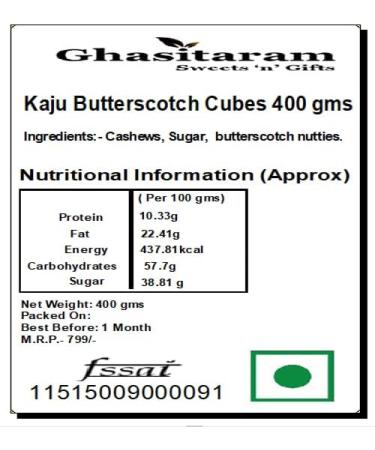 Ghasitaram Gifts Indian Sweets - Sweets Kaju Butterscotch Cubes 400 GMS - Buy Online on GoSupps.com