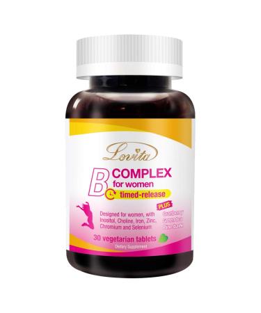 Lovita B Complex Supplement for Women - High Potency Timed Release with Iron, Vitamin C, Cranberry, Pine Bark, Green Tea, 30 Vegetarian Tablets 1 Count (Pack of 30)