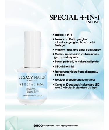 Legacy Nails Professional 4-in-1 Finish Gel 0.5 oz - Nail Tip & Rig Stone Gel Glue, Base Coat, Ultra-Shine Finish - Buy Online on GoSupps.com