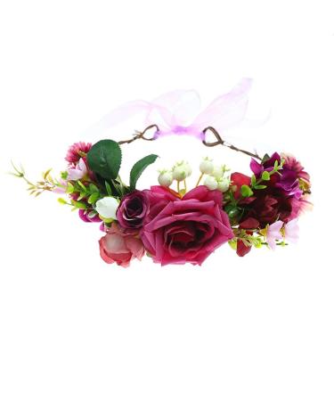 Women Floral Headband Wreath Crown Ribbon Festival Wedding Party HH88-2 Fuchsia one Piece 1 Count (Pack of 1) Hh88-2 Fuchsia