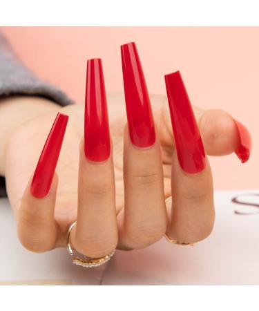 Press On Nails, BettyCora Glue On Nails Extra Long XXXL Coffin Press on Nails Fake Nails Stick on Nails with Nail Glue Nail Adhesive Tabs Acrylic False Nail Tips Kit 12 Sizes, Rose Red B11-Rose Red