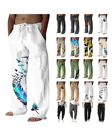 Mens Casual Pants Regular Fit Casual Tree&Bird Print Full Length Pants Elastic Waist 2023 Trendy Wide Leg Trousers E5-grey Medium