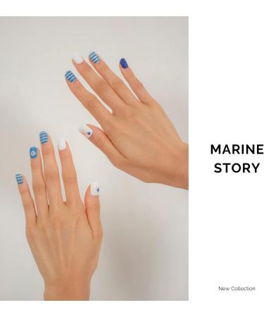 NAILOG Semi Cured Gel Nail Strips - 34 pcs Salon-Quality Long Lasting Gel Nail Stickers in Navy Blue & White - Marine Story Collection - Buy Online on GoSupps.com