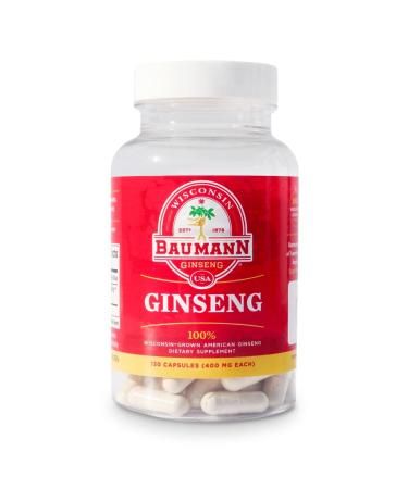 Baumann Wisconsin Ginseng Capsules 130 Pills 400 mg   Pure American Ginseng Root Extract Powder in Each Pill - 100% Natural Panax Ginseng Supplement for Immune Support  Focus and Energy