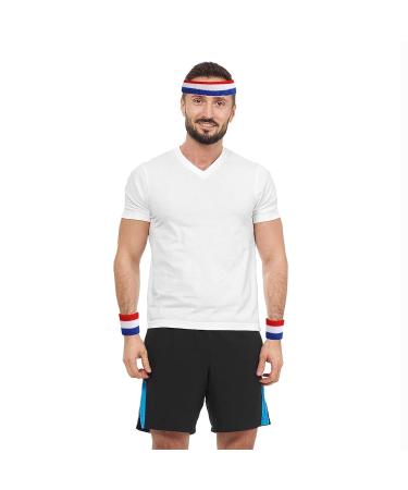 Sweatband Set for Men - 2 Headbands and 2 Wristbands for Sports Activities - Blue/White/Red - AMind4U - Buy Online on GoSupps.com