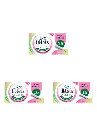 Lil-Lets Organic Non-Applicator Super Tampons 16 Count (Pack of 3) for Medium to Heavy Flow Made with 100% Organic Cotton GOTS Certified Vegan Organic Tampons Plastic Free Period Care