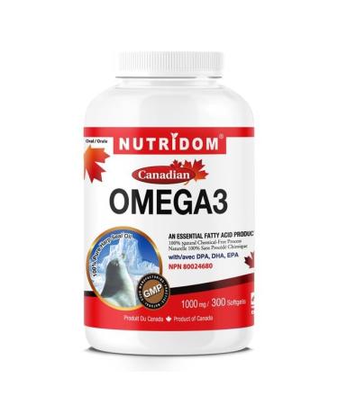 Nutridom Canadian Harp Seal Oil Omega-3 1000mg 300 Softgels Essential Fatty Acid Supplement with DPA DHA EPA 100% Natural Chemical-Free Non-GMO Made in Canada