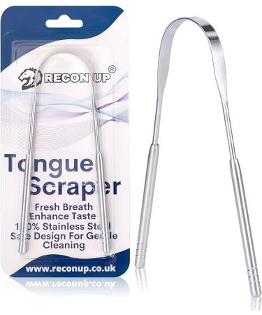 RECON UP Pack of 1 U Shape Tongue Scraper for Adults 100% Stainless Steel Tongue Cleaner Fresh Breath Care Scraper Tounge Scraper Bacteria Inhibiting Non-Synthetic Grip Tongue Cleaning Tool 1 Count (Pack of 1)