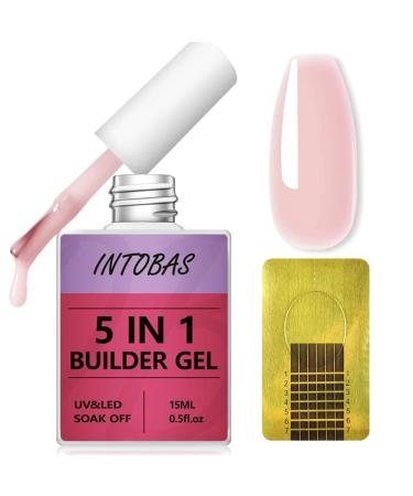 INTOBAS Gel Nail Builder Kit 5 in 1 Builder Gel in a Bottle 15ml with Nail Forms 100 Pcs Extension Gel Nail Polish Nude Pink Strengthening Gel Base Rubber Professional Repair Reinforcement UV/LED