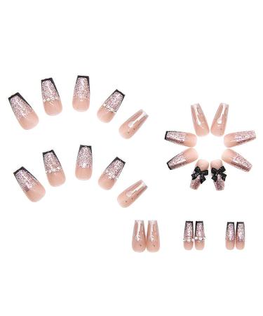 Pink Press On Nails Black French Tip with 3D Black Bow Knot Bling Rhinestones - 24pcs Medium Coffin Fake Nails for Women with Nail Glue - Buy Online on GoSupps.com