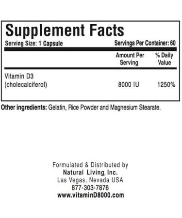 Natural Living High Potency Vitamin D3 8000 IU 60 Capsules 1 Bottle - Buy Online on GoSupps.com