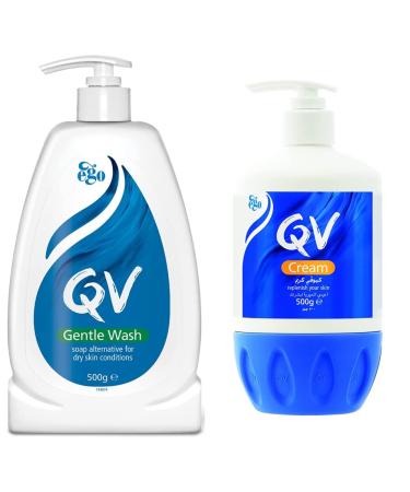 QV Gentle Wash 500g Soap-Free Moisturising Low Irritant PH Balanced Body Wash for Eczema and Dry Skin Conditions & Cream with Glycerin - 500g Pump 24 Hour Moisturisation 500 ml (Pack of 1) Pump Bottle + Cream with Glycerin 500g Pump