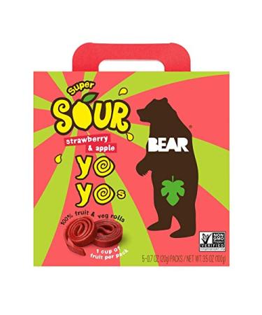 BEAR Sour - Real Fruit Yoyos - Strawberry-Apple - 0.7 Ounce (5 Count) - No added Sugar, All Natural, non GMO, Gluten Free, Vegan - Healthy on-the-go snack for kids & adults