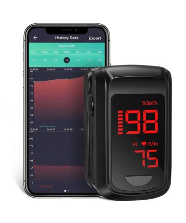 Fingertip Pulse Oximeter- HOLFENRY Pulse Oximeter Bluetooth Oximeter Oxygen Saturation Monitor for SpO2/Heart Rate/PI, with Auto Graph Display/Alarm/Dedicated App, Compatible with iOS&Android Black