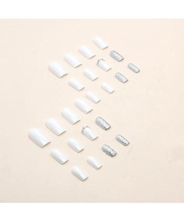 Square Press on Nails White Silver Glitter Design with Rhinestones - 24Pcs Medium Length Full Cover Stick on Artificial Nails for Women Girls - Buy Online on GoSupps.com