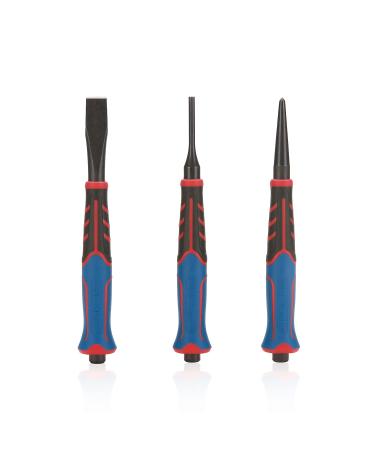 Renekton Punch and Chisel Set, Includes 1/8 Inch Center Punch, 1/8 Inch Hinge Pin Punch, and 3/8 Inch Cold Chisel, Metal Striking Hammer Cap, Cr-v Steel, 3 Piece