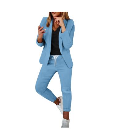 Womens 2024 Fashion 2 Piece Outfits Blazers Jacket Bodycon Trouser Pants Collared Double Breasted Business Casual Suit Sets 4791-sasnx-blue-f L