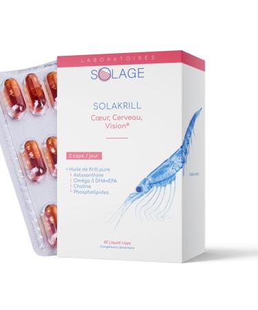 OMEGA-3 100% Pure Krill Oil – More Effective Than Fish Oil – 60 Capsules Licaps Odorless Solakrill – EPA DHA Astaxanthin Choline Vitamin A B – Made in France – SOLAGE Laboratories