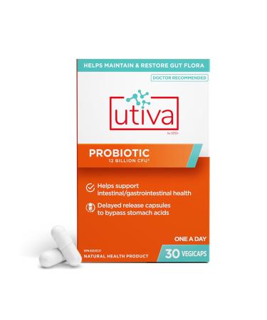Utiva Probiotic Urinary Tract and Gut Health Supplement 12 Billion CFU Lactobacillus & Bifidobacterium Probiotic for Men and Women 30 Delayed Release Vegi Capsules