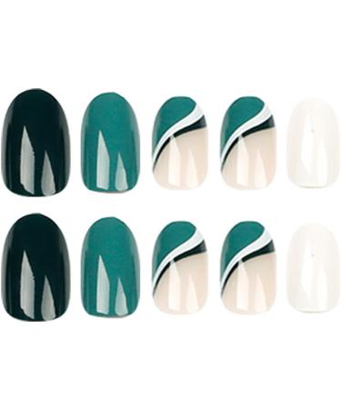 Justotry 24 Pcs Short Almond Fake Nails - Dark Green and White Swirl Designs | Nude French False Nails for Women | Oval Press On Nails with Glue - Teal3 - Buy Online on GoSupps.com
