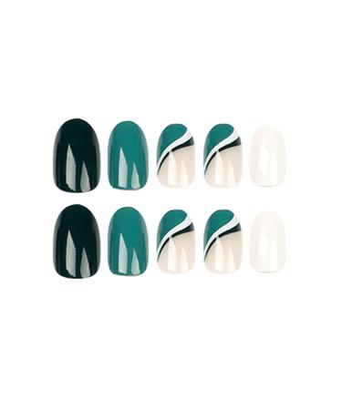 Justotry 24-Piece Dark Green & White Swirl Press-On Almond Nails | Short French Artificial Acrylic Nails for Women | Easy Stick-On Nail Art - Buy Online on GoSupps.com