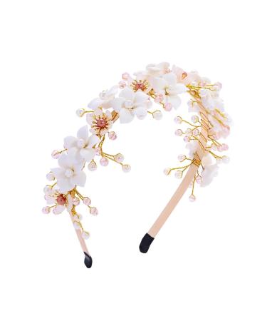 IYOU Bridal Wedding Headband Gold Flower Hair Bands Pearl Beads Headpiece Communion Bride Hair Accessories for Women