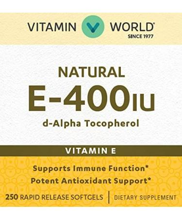 Vitamin World Natural Vitamin E 400IU Softgels - Immune & Antioxidant Support | Gluten Free, 250 count - Buy Online on GoSupps.com