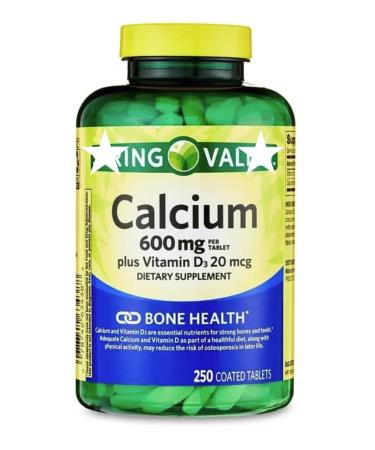 Calcium Plus Vitamin D Tablets Dietary Supplement by Spring - Valley Bone Health VIT D3 20 mcg 600 mg 250 Count.