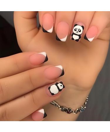 French Tip Press on Nails - Short Square Press On Nails with Nail Tips Black and white French cute panda pattern fake nails Design Naked Pink press on nails Acrylic False Nails Cute Artificial Nails