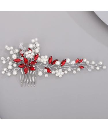 Chargances Bride Wedding Crystal Pearl Hair Comb Red Rhinestone Flower Hair Vine Comb Fashion Handmade Headpiece Bridal Hair Accessories for Wedding Prom Flower Girl (Red)