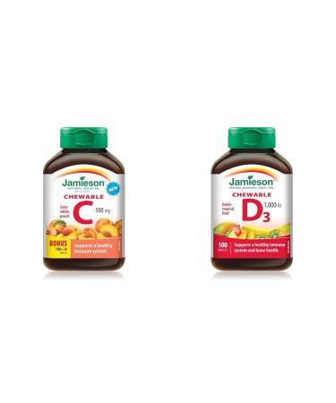 Jamieson Chewable Vitamin C 500 mg - White Juicy Peach Flavour 120 Count (Pack of 1) & Chewable Vitamin D3 1 000 IU - Exotic Tropical Fruit Flavour 100 Count (Pack of 1)