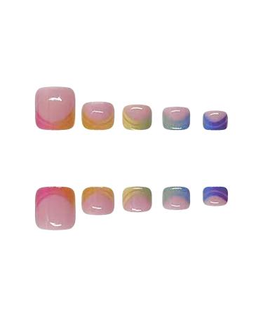 Buy Rainbow Press On French Tip Fake Toenails - Glossy Pink Acrylic Toe Nails with Colorful Designs for Women - Buy Online on GoSupps.com