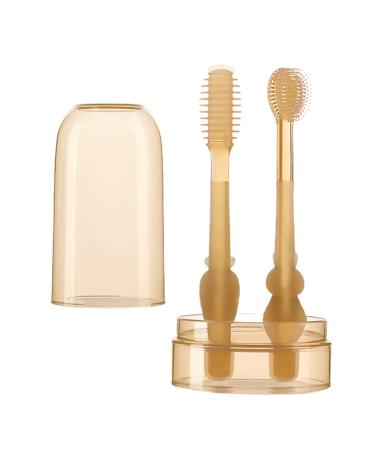 Hshduti infant toothbrush 360 degrees cleaning dental care 2 pieces baby tongue brush toothbrush set (1 toothbrush + 1 tongue brush) soft silicone massage toothbrushes for baby brown