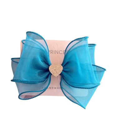 FEIFEI'S BOW Girls 5 Inches Princess Handmade Chiffon Heart Bow Hair Clip Alligator Clips Girls baby kids Infants Toddlers Ribbon Hair Accessories Barrettes (Blue with Heart)