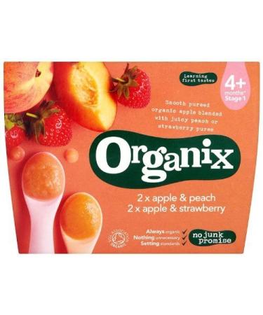 Organix Stage 1 From 4 Months Organic Fruit Pots Apple and Strawberry/Apple and Peach 4 x 100 g (Pack of 6 Total 24 Pots)
